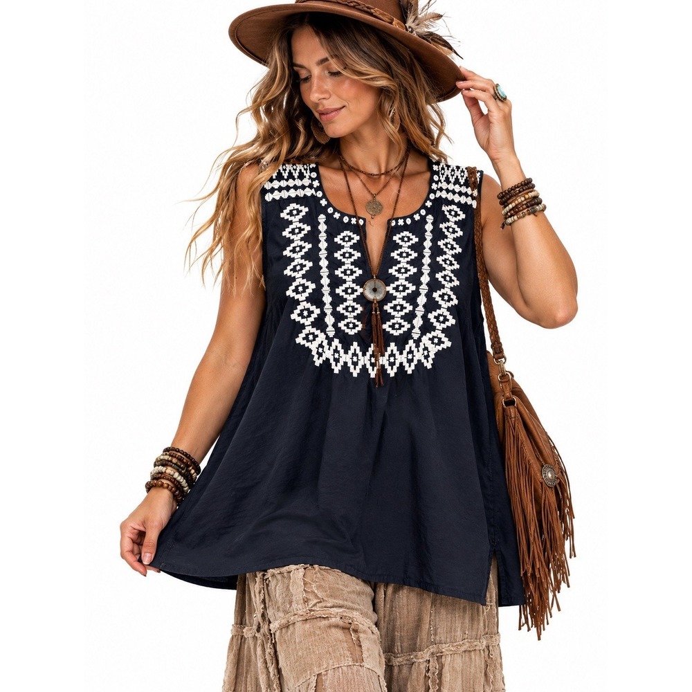 Talbots Sleeveless Top Blouse Popover 3X Plus Navy Embroidered Boho Cottagecore